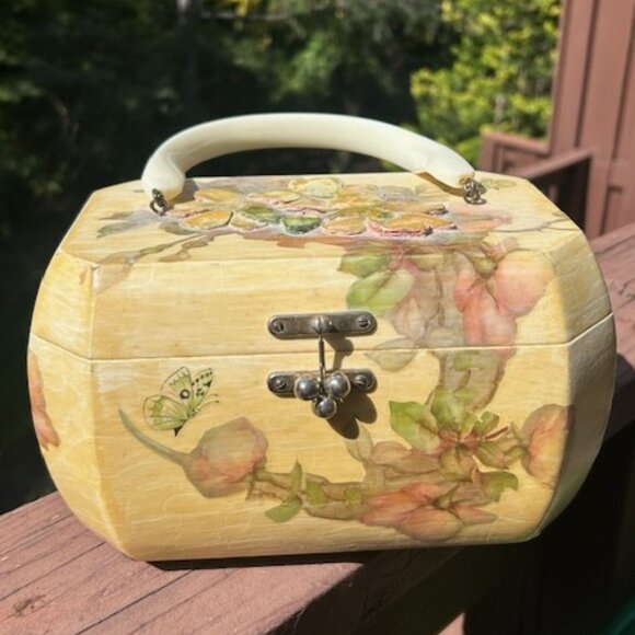 DECOUPAGE Octagon Handmade Flower Wood Lucite Handle PURSE - Picture 11 of 11